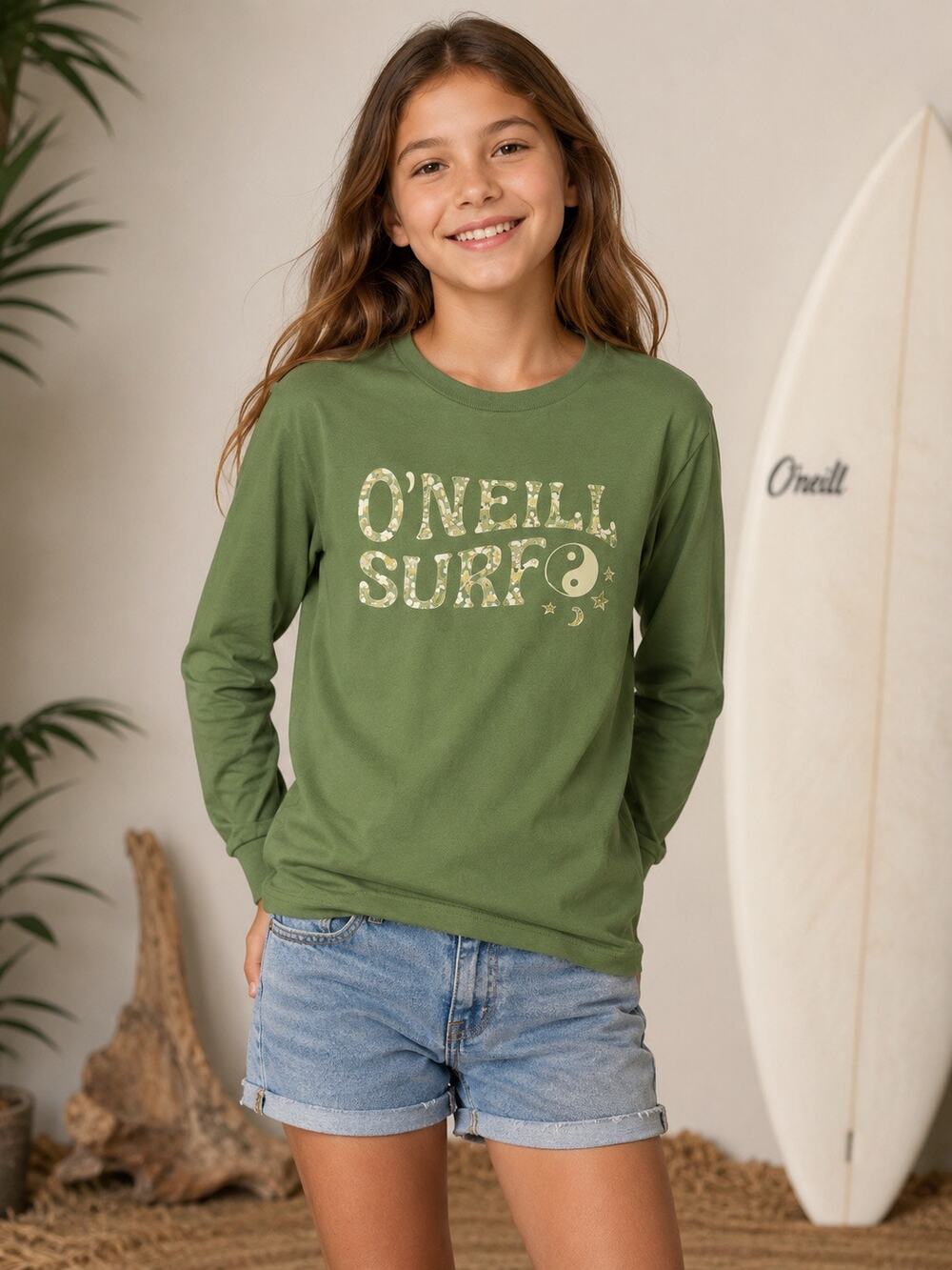 O’Neill Wavy Tee Girls Large 12-14 Sage Green Long Sleeve Cotton NWT